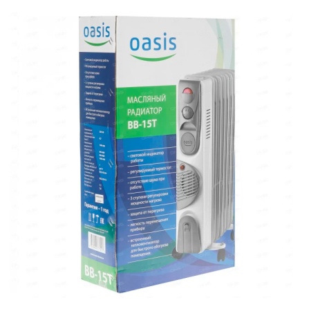 Электрорадиатор масляный "Oasis" BB-15T с тепловентилятором 7секций 0,6/0,9/1,5кВт (до 15кв.м)