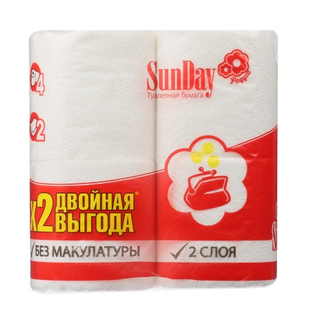 Туалетная бумага 2-слойная, белая, 4 рулона "SunDay"